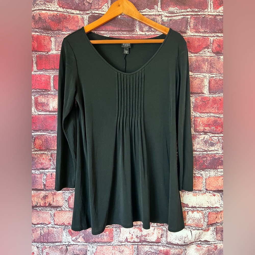 EILEEN FISHER 100% Silk Pintuck Pleated Tunic Top - Black
